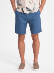 Męskie krótkie spodenki z dodatkiem lnu - niebieski denim V5 OM-SRCS-0131 - S. Niebieskie szorty Ombre Clothing, l, bez wzorów, z bawełny, wakacyjne. W wyprzedaży za 79.99 zł.