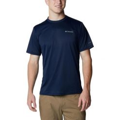 Koszulka sportowa męska Columbia Columbia Hike Crew z krótkim rękawem. Niebieskie t-shirty sportowe Columbia, bez wzorów, bez ramiączek, trekkingowe. Za 129.00 zł.
