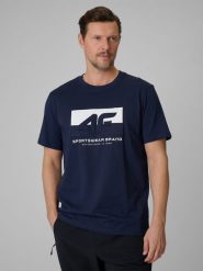 4F T-shirt regular z nadrukiem męski - granatowy XL. Niebieskie t-shirty 4F, m, bez wzorów, z bawełny, bez kołnierzyka, bez ramiączek. Za 69.99 zł.