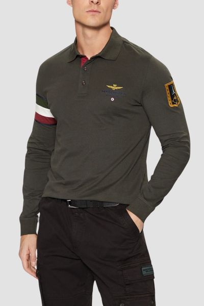 AERONAUTICA MILITARE Szarozielony męski longsleeve polo Tricolor, Rozmiar M. Zielone bluzki z długim rękawem Aeronautica Militare, l, bez wzorów, z jersey, bez kołnierzyka, bez ramiączek. W wyprzedaży za 248.99 zł.