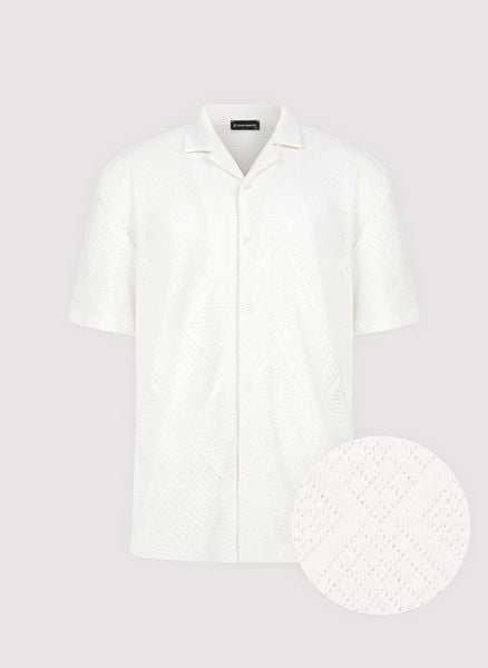 PAKO LORENTE - Ażurowa koszula męska z krótkim rękawem biała. Białe koszule Pako Lorente, na wiosnę, m, w ażurowe wzory, z bawełny, bez kołnierzyka, bez ramiączek. Za 99.99 zł.