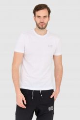 EA7 Biały t-shirt męski z małym szarym logo. Białe t-shirty EA7 Emporio Armani, m, bez wzorów, bez kołnierzyka, bez ramiączek. W wyprzedaży za 184.99 zł.