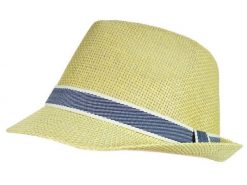 Letni Męski Kapelusz w Kolorze Słomkowym, Trilby z Granatowym Paskiem. Żółte kapelusze Pako Jeans, bez wzorów, z bawełny, klasyczne. Za 45.00 zł.