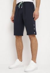Granatowe Dresowe Szorty ze Sznurkiem w Pasie i Metalicznymi Napami Tharnni. Niebieskie krótkie spodenki sportowe Born2be, l, bez wzorów, z dresówki. W wyprzedaży za 42.49 zł.