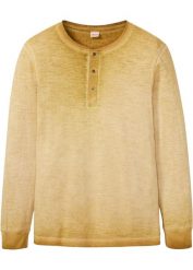Shirt z dekoltem henley i efektem wytarcia, długi rękaw. Brązowe bluzki z długim rękawem bonprix, l, bez wzorów, z bawełny, bez kołnierzyka, bez ramiączek. Za 59.99 zł.