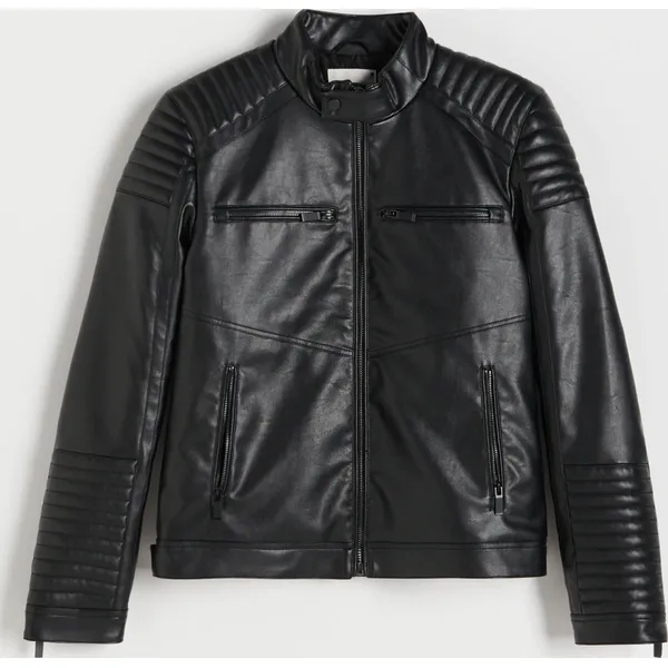 Kurtka biker z imitacji skóry - Czarny. Czarne kurtki Reserved, l, bez wzorów, ze skóry, bez kaptura. Za 299.99 zł.
