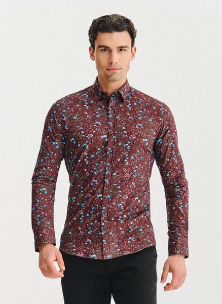 PAKO LORENTE – Bordowa koszula w kwiaty. Czerwone koszule Pako Lorente, xl, bez wzorów, z bawełny, bez kołnierzyka, bez ramiączek. Za 149.99 zł.