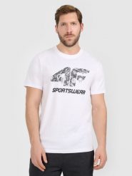 4F T-shirt regular z nadrukiem męski - biały XL. Białe t-shirty 4F, m, bez wzorów, z bawełny, bez kołnierzyka, bez ramiączek. Za 79.99 zł.