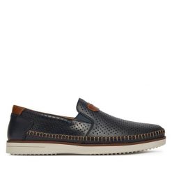 Półbuty Rieker. Niebieskie eleganckie półbuty Rieker, bez wzorów, bez obcasa, bez zapięcia. Za 399.99 zł.