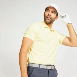Koszulka polo do golfa z krótkim rękawem męska Inesis WW500. Żółte koszulki polo INESIS, l, bez wzorów, z materiału, bez kołnierzyka, bez ramiączek. W wyprzedaży za 69.99 zł.