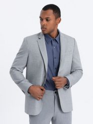 Marynarka męska elegancka z dekoracyjnymi guzikami na mankietach - szara V2 OM-BLZB-0114 - XL. Szare garnitury Ombre Clothing, l, bez wzorów, z poliesteru, eleganckie. W wyprzedaży za 149.99 zł.