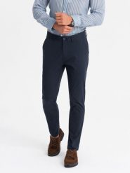 Męskie jednolite spodnie chino SLIM FIT – granatowe V4 - Rozmiar: L. Niebieskie eleganckie spodnie Ombre Clothing, do pracy, l, z bawełny, biznesowe. W wyprzedaży za 119.99 zł.
