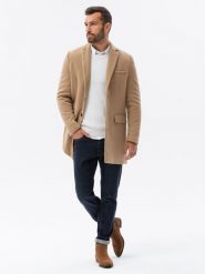 Płaszcz męski klasyczny jednorzędowy - piaskowy V2 - Rozmiar: M. Żółte płaszcze Ombre Clothing, na wiosnę, m, bez wzorów, eleganckie, bez kaptura. W wyprzedaży za 199.99 zł.