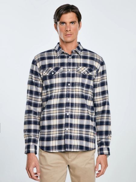 Koszula męska flanelowa w kratę beżowo-granatowa Kolisero 801. Brązowe koszule BIG STAR, l, bez wzorów, z tkaniny, bez kołnierzyka, bez ramiączek. W wyprzedaży za 199.99 zł.