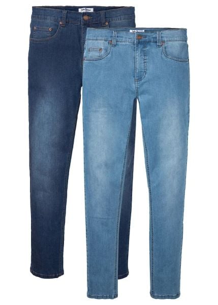 Dżinsy z wysoką domieszką stretchu ze zwężaną nogawką, slim fit (2 szt.). Niebieskie jeansy bonprix, m. Za 299.99 zł.