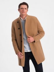 Płaszcz męski z asymetrycznym zapięciem - camel V4 OM-COWC-0102 - XXL. Brązowe płaszcze Ombre Clothing, l, bez wzorów, z poliesteru, bez kaptura. W wyprzedaży za 199.99 zł.