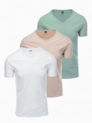Zestaw bawełnianych koszulek męskich V-neck BASIC – szarozielony/biały/beżowy V14 OM-TSBS-0233 - XXL. Zielone t-shirty Ombre Clothing, l, bez wzorów, z bawełny, bez kołnierzyka, bez ramiączek. Za 89.99 zł.