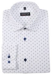 Biała Bawełniana Koszula z Długim Rękawem -GRZEGORZ MODA MĘSKA- Taliowana, w Niebieski Wzór. Niebieskie koszule Grzegorz Moda Męska, m, bez wzorów, z bawełny, bez kołnierzyka, bez ramiączek. Za 139.00 zł.