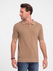 Męska bawełniana koszulka polo ze strukturalnej dzianiny – jasnobrązowa V3 OM-POSS-0117 - XXL. Brązowe koszulki polo sportowe Ombre Clothing, l, bez wzorów, z bawełny, bez kołnierzyka, bez ramiączek. W wyprzedaży za 129.99 zł.