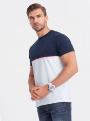 T-shirt męski bawełniany dwukolorowy - granatowo-biały V7 S1619 - XXL. Białe t-shirty Ombre Clothing, m, bez wzorów, z bawełny, bez kołnierzyka, bez ramiączek. W wyprzedaży za 29.99 zł.