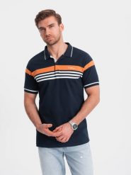 Dopasowana koszulka męska polo z dwukolorowymi pasami – granatowa V1 OM-POSS-0127 - L. Niebieskie koszulki polo sportowe Ombre Clothing, l, z aplikacjami, z bawełny, bez kołnierzyka, bez ramiączek. W wyprzedaży za 39.99 zł.