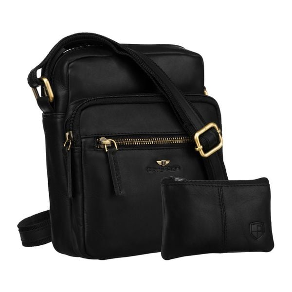 Skórzana torebka męska w czarnym kolorze zawieszona na pasku. W zestawie saszetka na klucze PTN 710E-OPU Peterson. Czarne torby na ramię Peterson, bez wzorów, ze skóry, małe, bez dodatków. Za 166.99 zł.