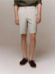 Garniturowe szorty z lnem - beżowy. Brązowe garnitury Reserved, bez wzorów, z bawełny. Za 149.99 zł.