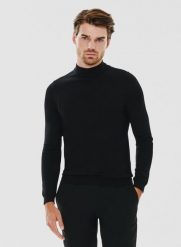 PAKO LORENTE – Czarny gładki półgolf męski. Czarne swetry nierozpinane Pako Lorente, na jesień, m, bez wzorów, z nylonu, bez kołnierzyka, bez ramiączek. Za 99.99 zł.