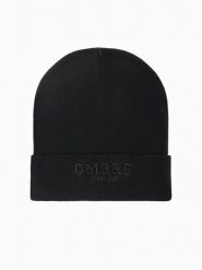 Dzianinowa męska czapka beanie z haftowanym napisem – czarna V1 OM-ACWH-0120 - uniwersalny. Czarne czapki zimowe Ombre Clothing, bez wzorów, z dzianiny. W wyprzedaży za 19.99 zł.