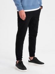 Spodnie męskie materiałowe JOGGERY - czarne V1 P885 - XL. Czarne joggery i bojówki Ombre Clothing, l, bez wzorów, z bawełny. W wyprzedaży za 59.99 zł.