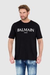 BALMAIN Czarny męski t-shirt z wypukłym gumowym logo. Czarne t-shirty Balmain, l, bez wzorów, z gumy, bez kołnierzyka, bez ramiączek. W wyprzedaży za 1,699.99 zł.
