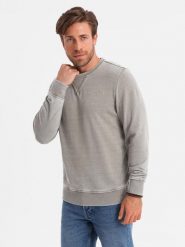 Washowana bluza męska z ozdobnym przeszyciem przy dekolcie - beżowa V2 OM-SSDS-0131 - XXL. Brązowe bluzy Ombre Clothing, l, bez wzorów, z bawełny, bez kaptura. W wyprzedaży za 69.99 zł.