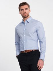Koszula męska bawełniana w mikro wzór REGULAR FIT - jasnoniebieska V2 OM-SHCS-0152 - M. Niebieskie koszule Ombre Clothing, m, bez wzorów, z bawełny, bez kołnierzyka, bez ramiączek. W wyprzedaży za 69.99 zł.