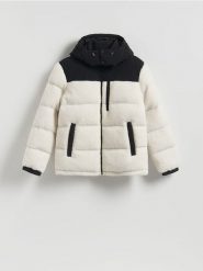 Kurtka sherpa puffer - złamana biel. Kurtki Reserved, l, bez wzorów, z materiału, bez kaptura. Za 299.99 zł.