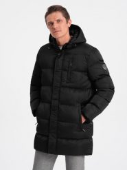 Długa zimowa kurtka męska pikowana o satynowym wykończeniu - czarna V3 OM-JALJ-0147 - XL. Czarne kurtki Ombre Clothing, na zimę, m, bez wzorów, z satyny, bez kaptura. W wyprzedaży za 139.99 zł.