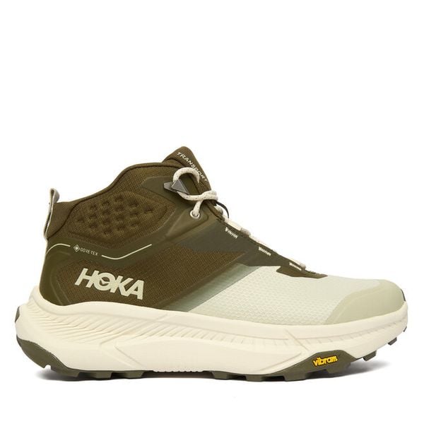 Trekkingi Hoka. Zielone botki sznurowane HOKA, bez wzorów, bez obcasa, bez zapięcia. Za 699.99 zł.