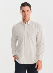 PAKO LORENTE - Beżowa koszula męska w paski. Brązowe koszule Pako Lorente, na jesień, m, bez wzorów, z bawełny, bez kołnierzyka, bez ramiączek. Za 139.99 zł.