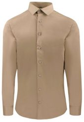 Delikatnie Wyszczuplana (Slim) Męska Koszula - Lanier - Jasny Brąz, Ciemny Beż. Koszule Lanier, m, bez wzorów, z bawełny, bez kołnierzyka, bez ramiączek. Za 175.00 zł.
