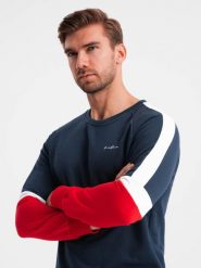 Trójkolorowa męska dresowa bluza z raglanowymi rękawami – granatowa V2 OM-SSNZ-22FW-003 - XXL. Niebieskie bluzy Ombre Clothing, l, bez wzorów, z bawełny, bez kaptura. W wyprzedaży za 99.99 zł.