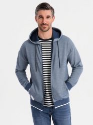 Bluza męska dresowa z kapturem o delikatnej strukturze – granatowa V2. Niebieskie bluzy Ombre Clothing, m, bez wzorów, z bawełny, z kapturem. W wyprzedaży za 164.99 zł.