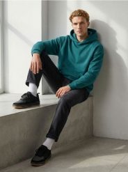 Bluza hoodie comfort z haftem - ciemny turkus. Bluzy bez kaptura Sinsay, l, bez wzorów, bez kaptura. Za 49.99 zł.
