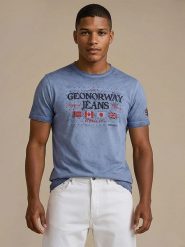 Geographical Norway Koszulka "Jeans" w kolorze niebieskim rozmiar: S. Niebieskie bezrękawniki Geographical Norway, s, bez wzorów, z bawełny, bez kołnierzyka, bez ramiączek. Za 61.31 zł.