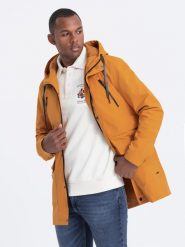 Kurtka męska parka z kieszeniami cargo - musztardowa V3 OM-JANP-22FW-004 - XL. Czarne kurtki Ombre Clothing, l, bez wzorów, bez kaptura. W wyprzedaży za 109.99 zł.