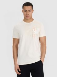 4F T-shirt regular z nadrukiem męski - beżowy L. Brązowe t-shirty 4F, l, bez wzorów, z bawełny, bez kołnierzyka, bez ramiączek. Za 69.99 zł.