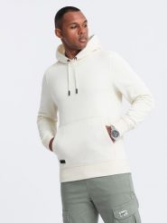 Dresowa bluza męska kangurka z kapturem BASIC – kremowa V5 OM-SSBN-0161 - XXL. Białe bluzy Ombre Clothing, l, bez wzorów, z dresówki, z kapturem. Za 113.99 zł.