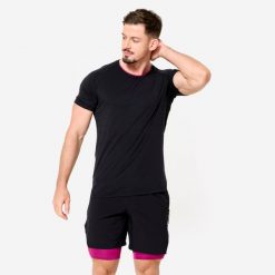 Koszulka fitness męska Domyos 900 krótki rękaw. Czarne bluzki z długim rękawem DOMYOS, l, bez wzorów, z materiału, bez kołnierzyka, bez ramiączek. W wyprzedaży za 69.99 zł.