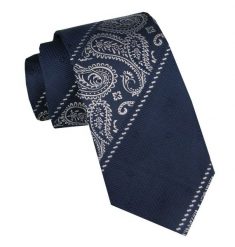 Elegancki i Modny Krawat Jedwabny - Alties - Elegancki Granat, Akcenty Paisley. Niebieskie krawaty i muchy Alties, bez wzorów, z jedwabiu. Za 115.00 zł.