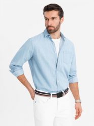 Jeansowa męska koszula z haftowaną kieszonką – jasnoniebieska V1 OM-SHDS-0181 - XXL. Niebieskie koszule Ombre Clothing, l, z aplikacjami, z denimu, bez kołnierzyka, bez ramiączek. Za 125.99 zł.