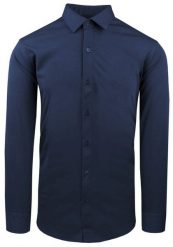 Elegancka Koszula z Dzianinowej Tkaniny - Prosty Krój - Ciemnoniebieska. Niebieskie koszule Pazzani, bez wzorów, z bawełny, bez kołnierzyka, bez ramiączek. Za 199.00 zł.