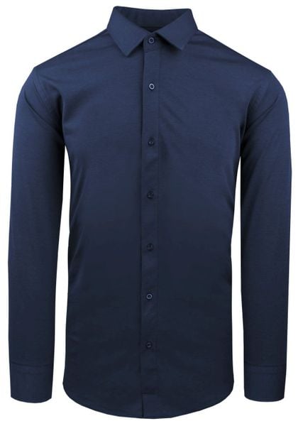 Elegancka Koszula z Dzianinowej Tkaniny - Prosty Krój - Ciemnoniebieska. Niebieskie koszule Pazzani, bez wzorów, z bawełny, bez kołnierzyka, bez ramiączek. Za 199.00 zł.
